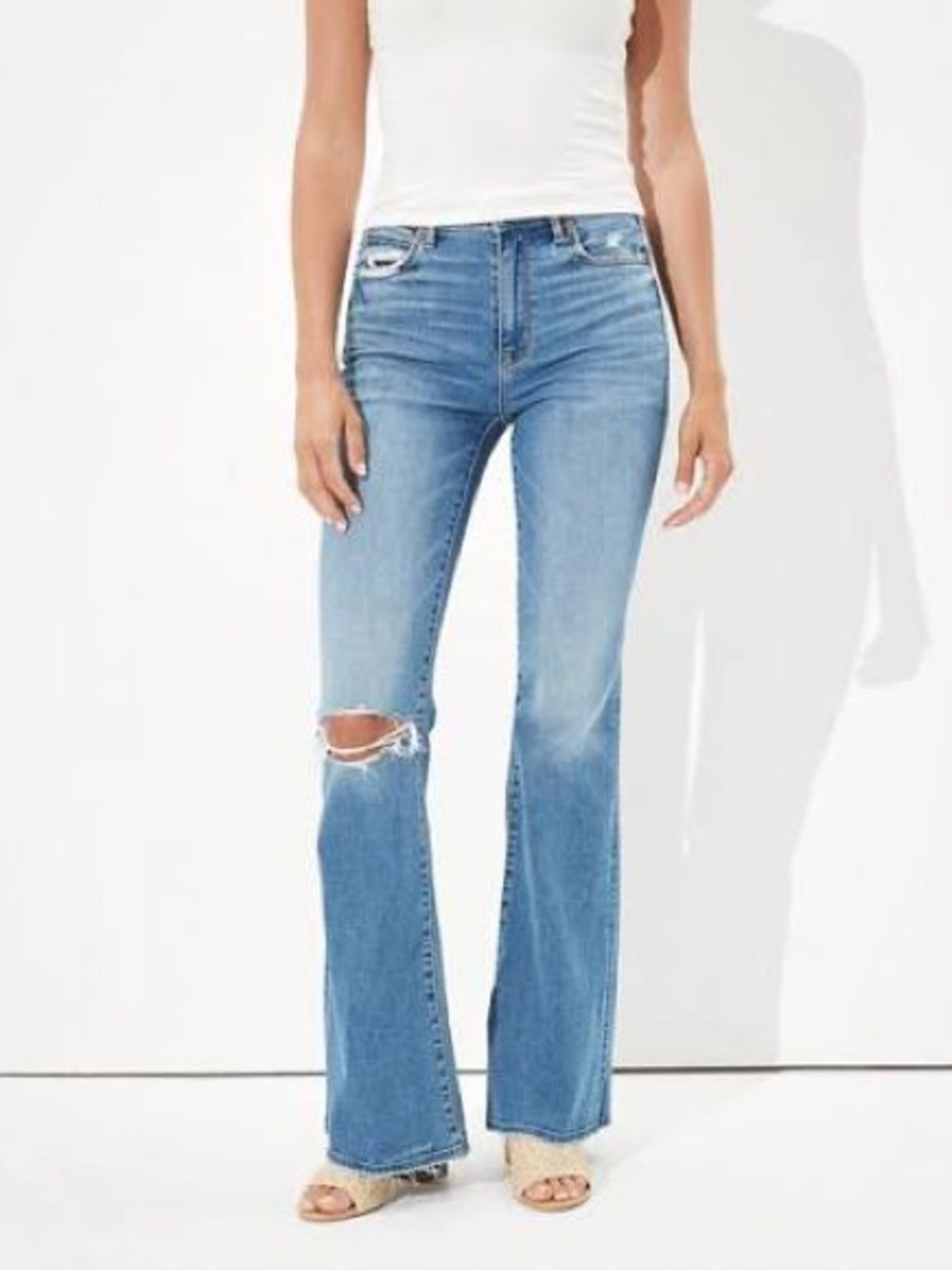 American Eagle Outfitters Blue Flare Jeans with Knee Rip